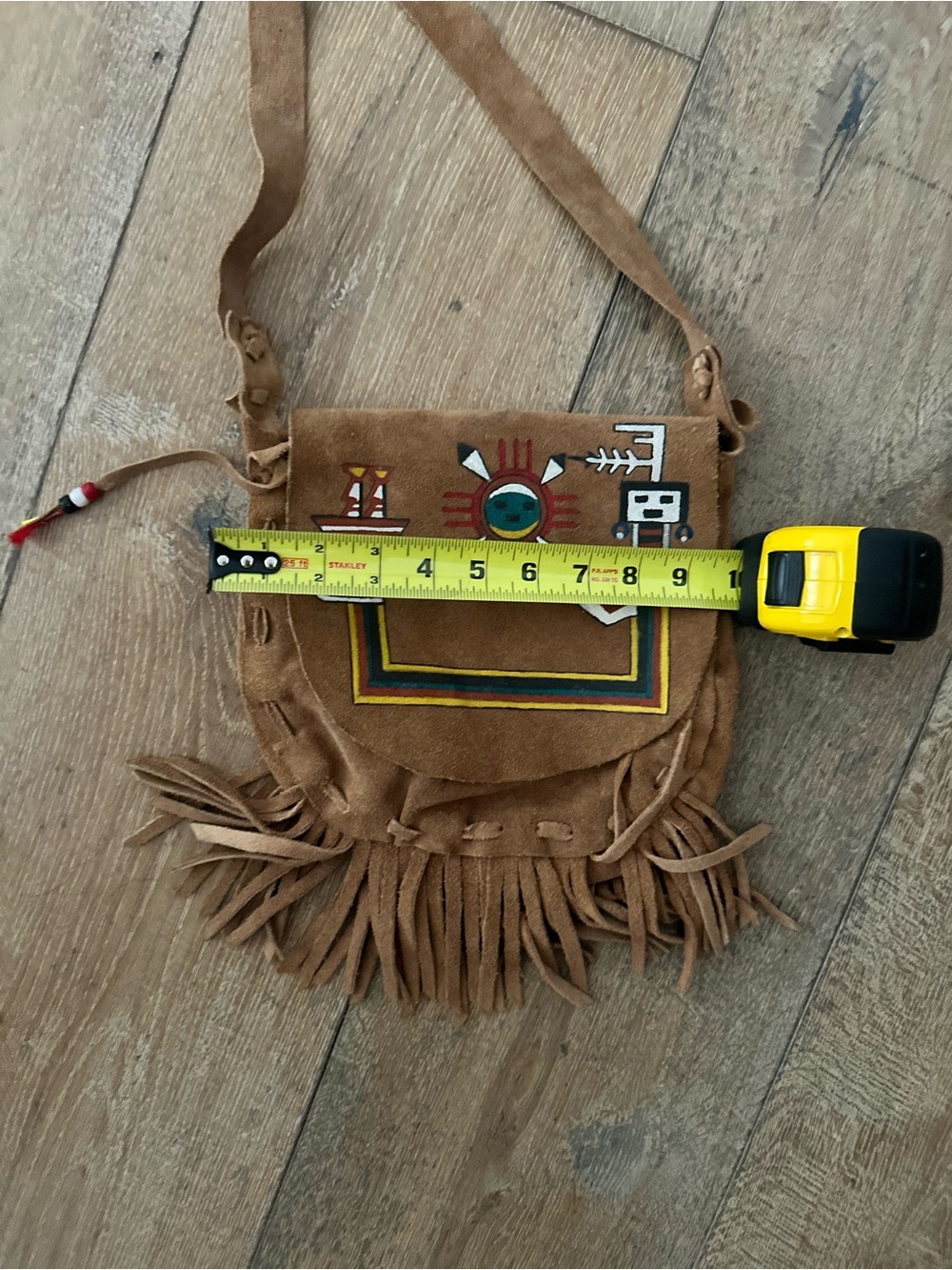 Handmade Native American Tribal Tan Suede Crossbody with Fringe - Picture 8 of 9
